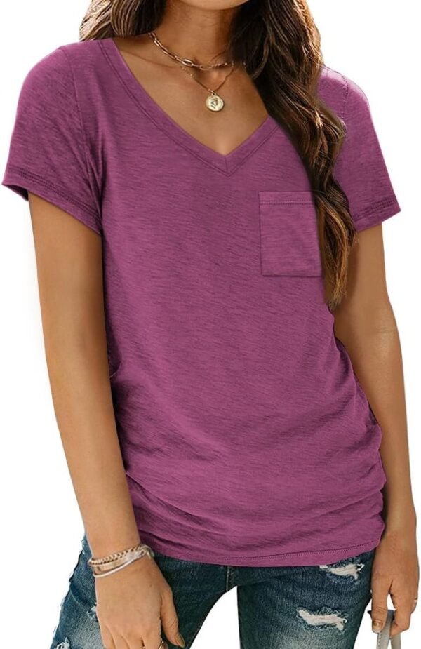 Womens T Shirts Short Sleeve V Neck Tops with Pockets Summer Fashion Trendy Soft Casual Comfy Outfits Clothes 2024