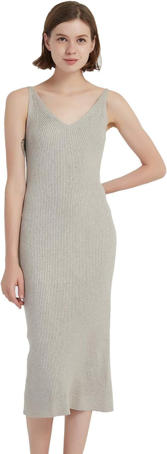 Women's Sleeveless Sweater Dress Knit Slim V Neck Bodycon Midi Stretchable Elasticity Slim Fits