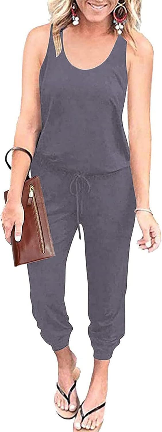 Womens Sleeveless Drawstring Elastic Waist Loose Jumpsuits