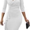 Women's Sexy V Neck 3/4 Sleeve Vintage Warp Ruffle Ruched Bodycon Cocktail Party Midi Dress