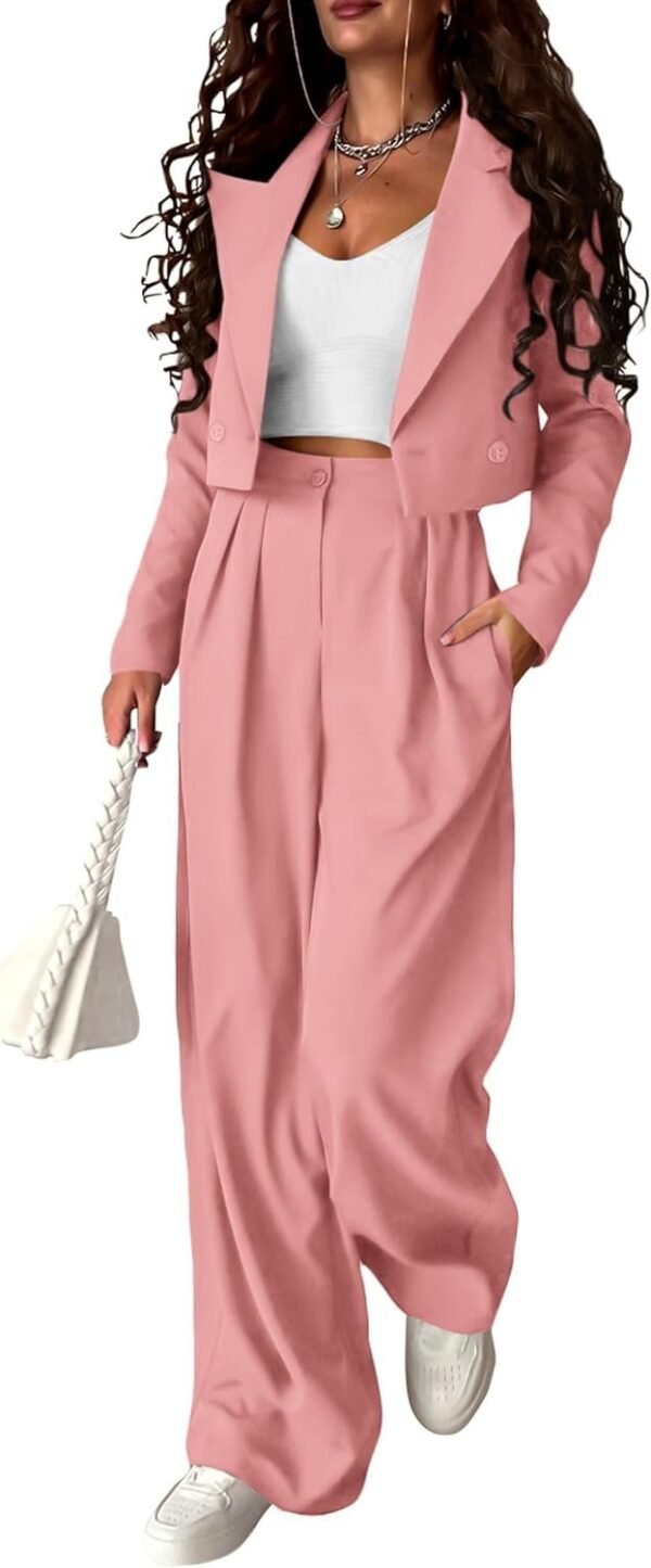 Womens Cropped Blazer Jackets High Waisted Wide Leg Work Pants Suit Set