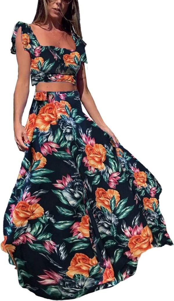 Womens Summer Sexy 2 Pieces Outfits Ruffle Floral Tank Top Wrap Boho Tropical Long Skirt Set Clubwear Dresses