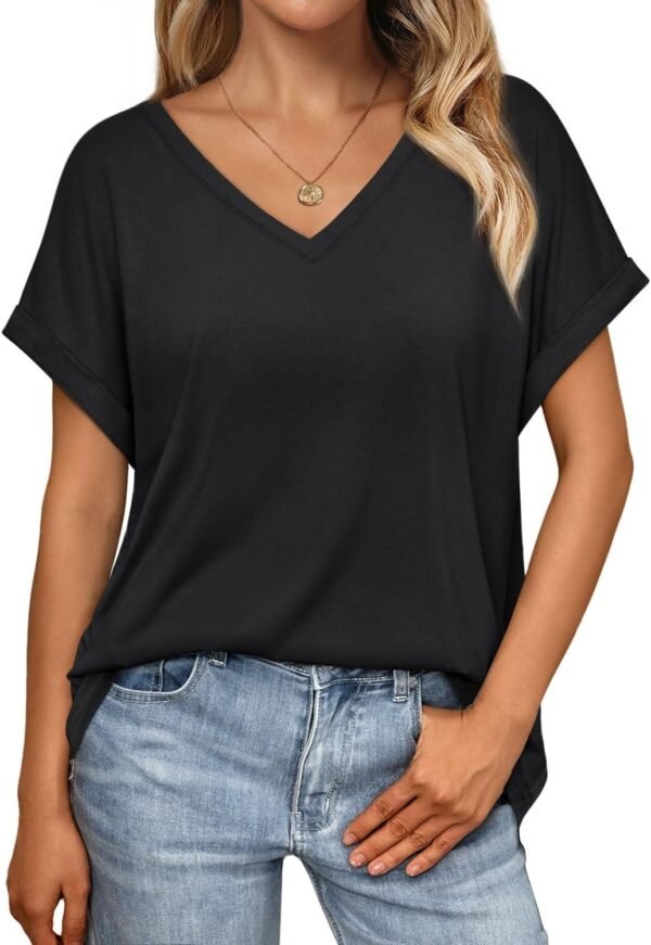 Women's Oversized Short Sleeve Tshirts Casual V Neck Summer Tops Loose Fit 2024 Work Shirts
