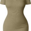 Women's Mini Dresses Sexy Ribbed Short Sleeve Tummy Control Bodycon Mini Dress
