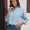 Women's Soft Tencel Denim Shirts Casual 3/4 Sleeve Button Down Blouses