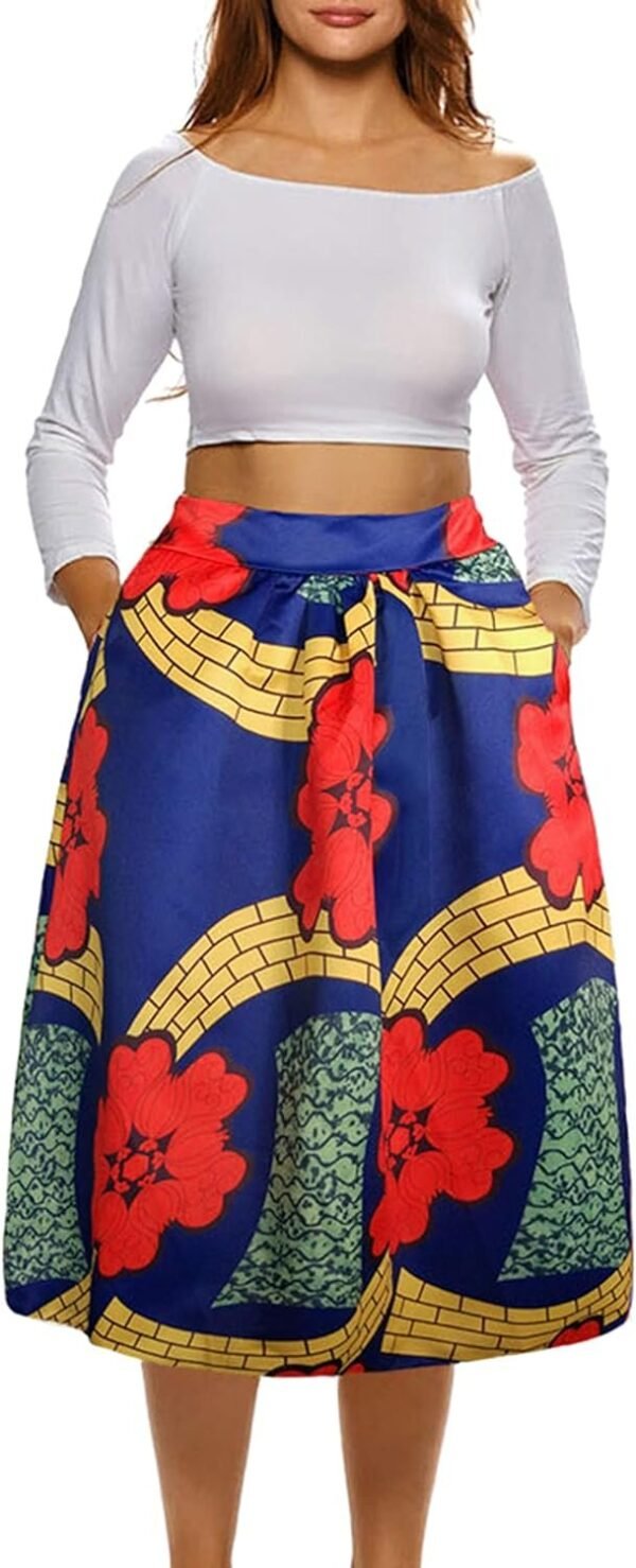 Womens African Print Skirt Boho Flare Pleated Midi Skirt with Pockets