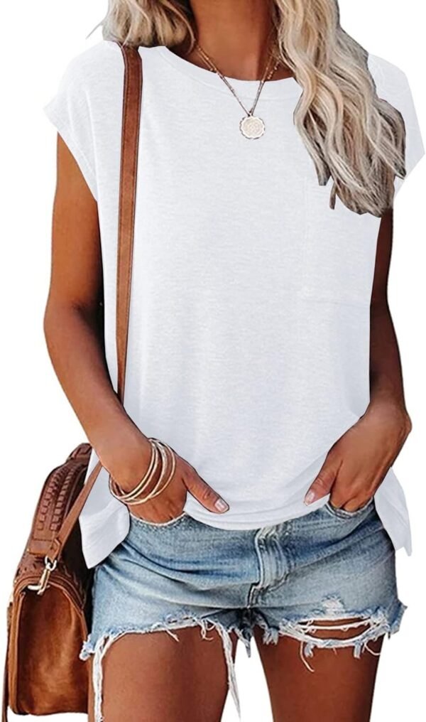 Womens Summer Short Cap Sleeve Shirts Solid Loose Fit Pocket Tunic Tops