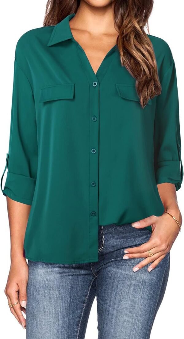 Women's Dressy Lapel Button Down Shirts for Work Office Business Casual Chiffon Blouse Tops