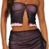 Women's 2 Piece Outfits Sheer Mesh Split Front Strapless Tube Crop Top and Ruffle Mini Skirt Set