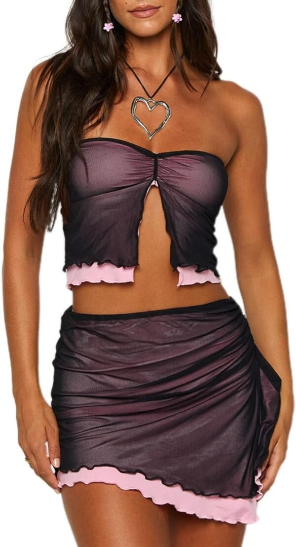 Women's 2 Piece Outfits Sheer Mesh Split Front Strapless Tube Crop Top and Ruffle Mini Skirt Set