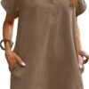 Womens Cotton Shirt Dress Summer Casual Short Sleeve Button Down Beach Cover Up Shirts with Pockets