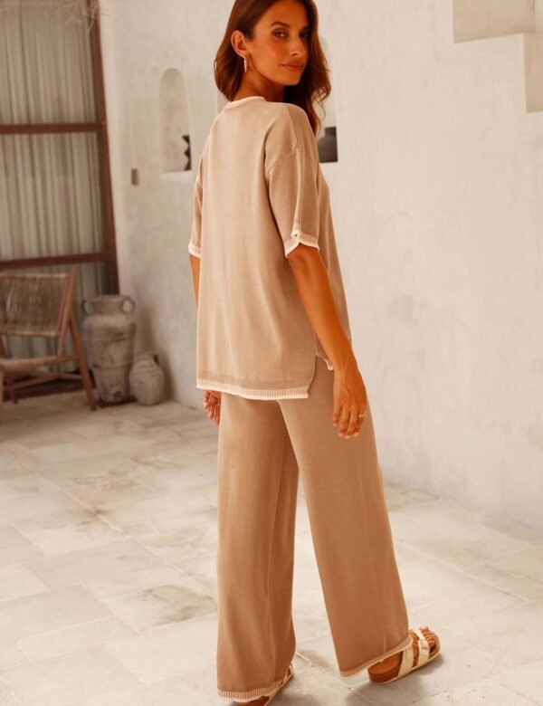 Set 2 Piece Outfits Short Sleeve Knitted Pullover Wide Leg Lounge Pants Tracksuit