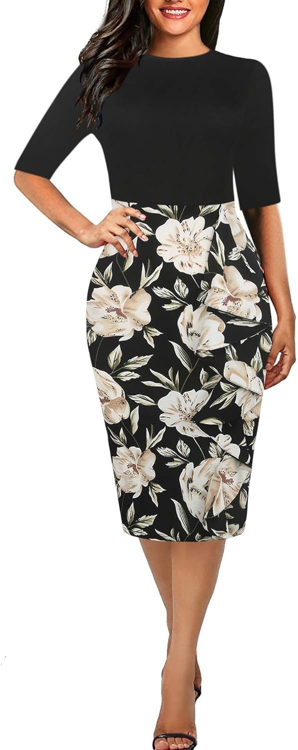 Women's Vintage Short Sleeve Polka Dot Falbala Fold Slim Fit Pencil Dress