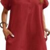 Womens Cotton Shirt Dress Summer Casual Short Sleeve Button Down Beach Cover Up Shirts with Pockets