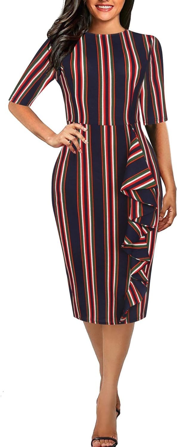 Women's Vintage Short Sleeve Polka Dot Falbala Fold Slim Fit Pencil Dress