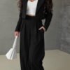 Womens Cropped Blazer Jackets High Waisted Wide Leg Work Pants Suit Set