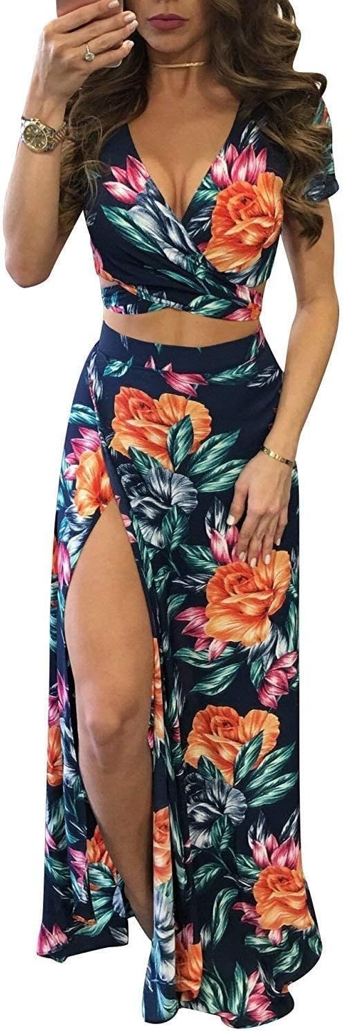 Womens Summer Sexy 2 Pieces Outfits Ruffle Floral Tank Top Wrap Boho Tropical Long Skirt Set Clubwear Dresses