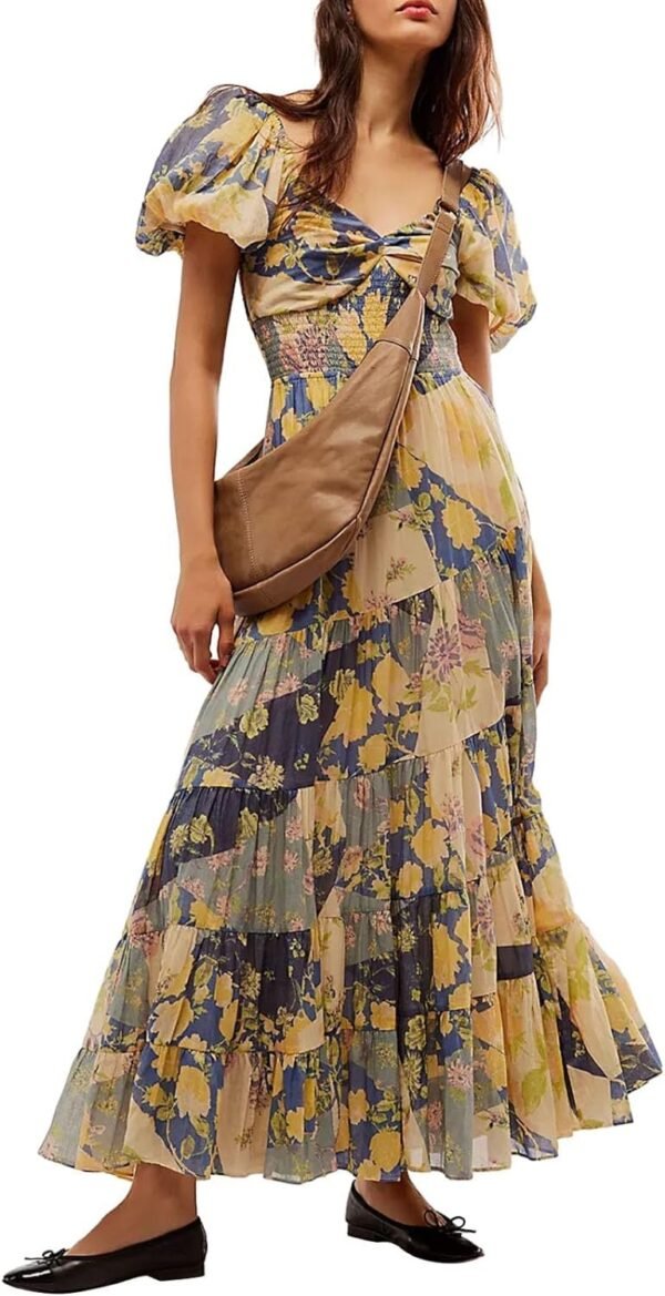 Women’s Floral Smocked Maxi Dress Boho Puff Sleeve Sweetheart A-Line Flowy Long Dresses Y2K Swing Beach Sundress