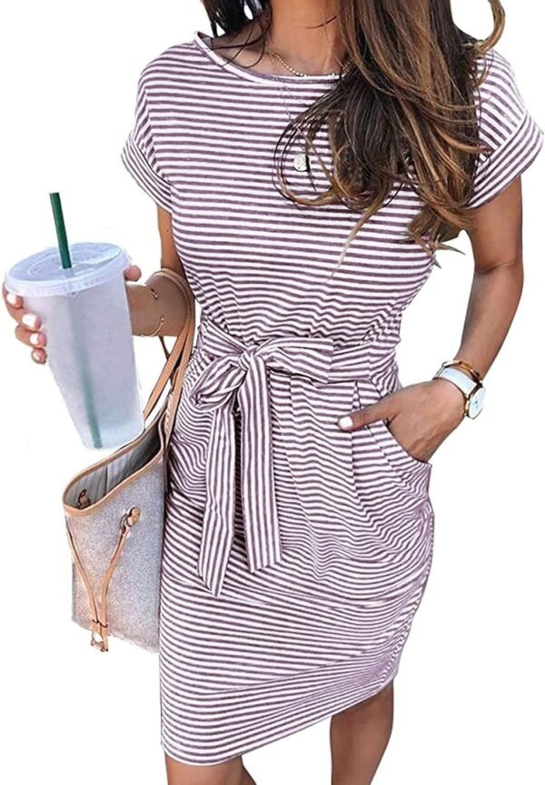 Women's Summer Striped Short Sleeve T Shirt Dress Casual Tie Waist with Pockets