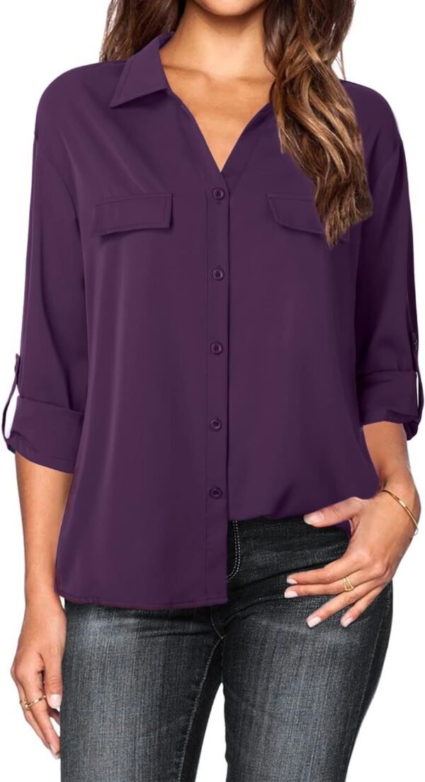 Women's Dressy Lapel Button Down Shirts for Work Office Business Casual Chiffon Blouse Tops