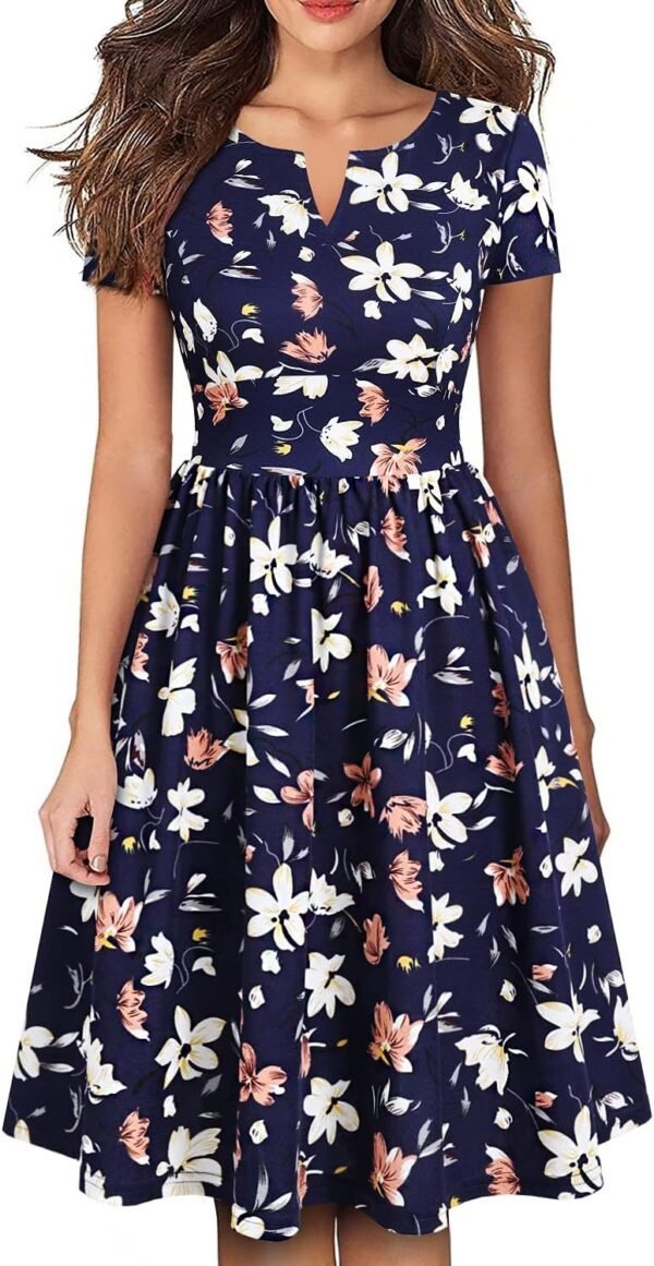 Women's Vintage Pleated Flared Swing A-Line Casual Party Work Dresses