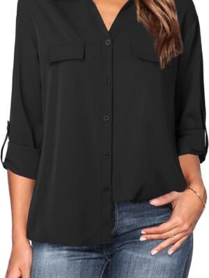 Women's Dressy Lapel Button Down Shirts for Work Office Business Casual Chiffon Blouse Tops