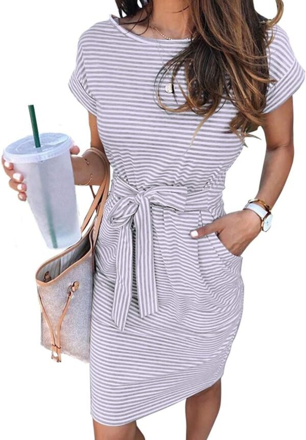 Women's Summer Striped Short Sleeve T Shirt Dress Casual Tie Waist with Pockets