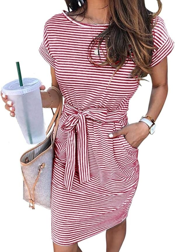 Women's Summer Striped Short Sleeve T Shirt Dress Casual Tie Waist with Pockets