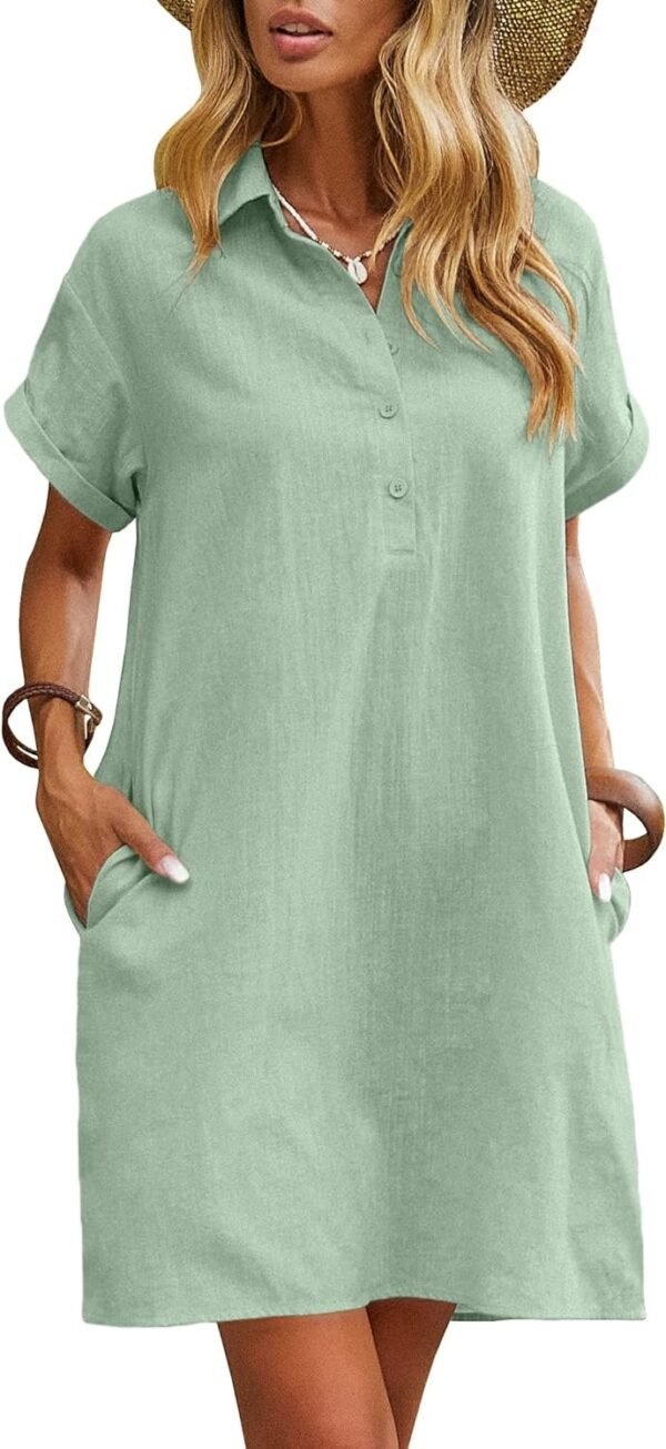 Womens Cotton Shirt Dress Summer Casual Short Sleeve Button Down Beach Cover Up Shirts with Pockets