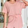 Ribbed Knit Pajama Sets for Women Short Sleeve Loungewear V Neck Pjs Shorts Sets