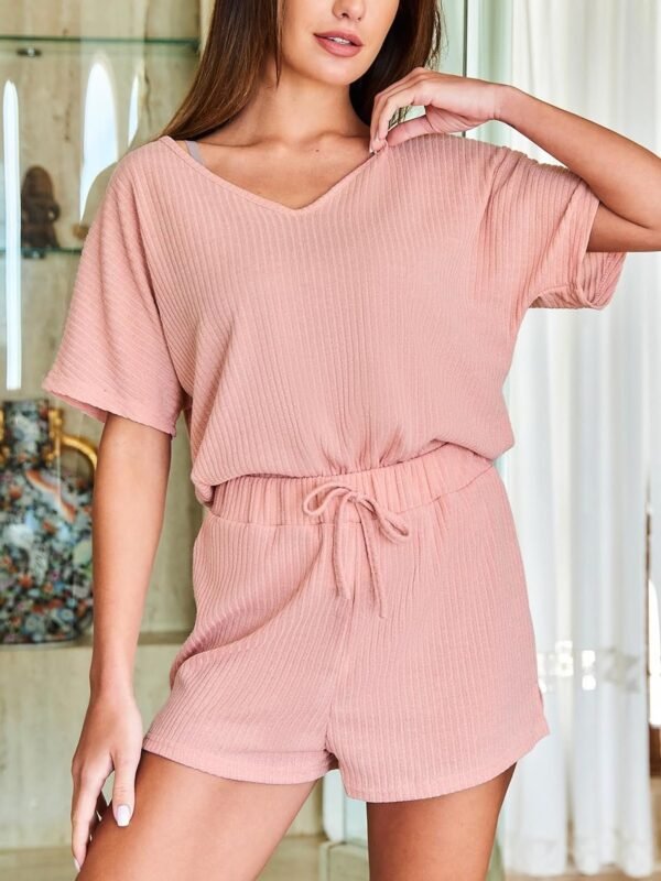 Ribbed Knit Pajama Sets for Women Short Sleeve Loungewear V Neck Pjs Shorts Sets