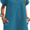 Womens Cotton Shirt Dress Summer Casual Short Sleeve Button Down Beach Cover Up Shirts with Pockets