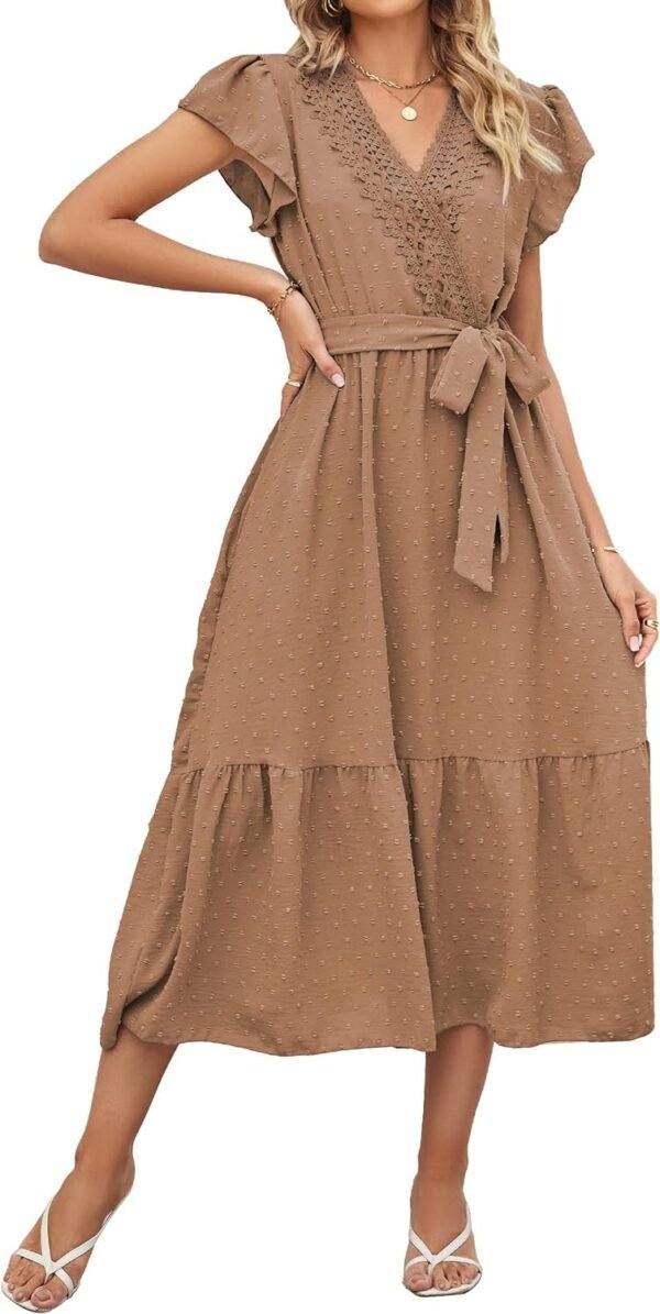 Women's Wrap V Neck Wedding Guest Dress Flutter Sleeve Swiss Dot A-Line Midi Summer Beach Dress