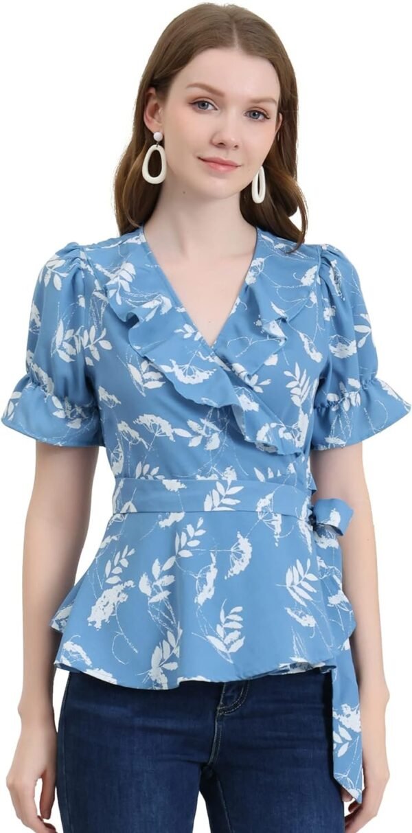 Women's Wrap Peplum Top Blouse Tie Waist Short Sleeve Ruffle Floral V Neck Belted Shirts