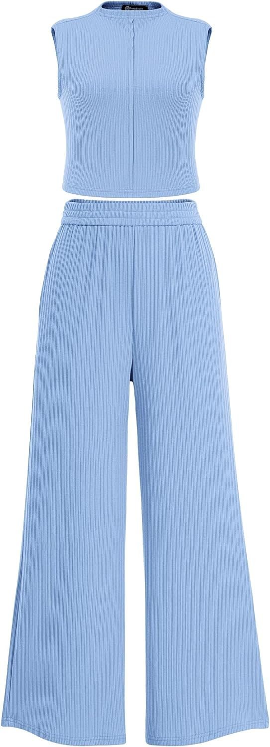 Womens 2 Piece Summer Casual Tank Tops And Wide Leg Pants Tracksuits