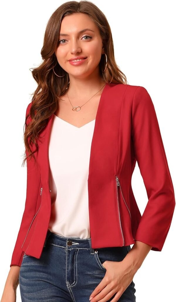 Women's Crop Collarless Blazers Suit Zip Decor Work Office Jackets Blazer