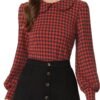 Women's Peter Pan Collar Shirt Fashion Puff Long Sleeve Houndstooth Plaid Blouse