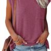 Womens Summer Short Cap Sleeve Shirts Solid Loose Fit Pocket Tunic Tops