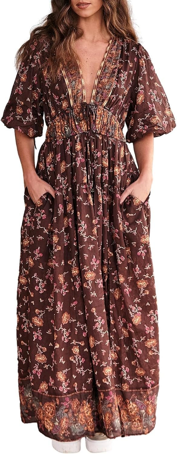 Women’s Floral Smocked Maxi Dress Boho Puff Sleeve Sweetheart A-Line Flowy Long Dresses Y2K Swing Beach Sundress