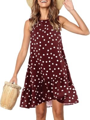 Women Sleeveless Dresses Casual Polka Dot Summer Tank Dress, Burgundy, Large