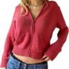 Women Zip Up Long Sleeve Crop Hooded Tops Ribbed Knit Cropped Hoodie Jacket Y2k Cute Sweater Pullover