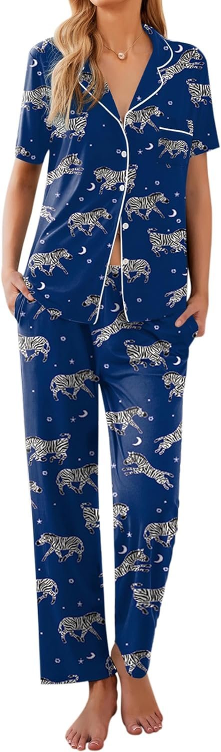 Women Pajamas Set Button Down Sleepwear Short Sleeve Nightwear with Long Pants Soft Pjs Set with Pockets S-XXL