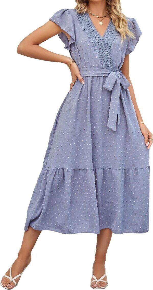 Women's Wrap V Neck Wedding Guest Dress Flutter Sleeve Swiss Dot A-Line Midi Summer Beach Dress