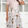 Womens Elegant Print Notched Neck Slant Pocket Pleated Hem Casual A-Line Dress