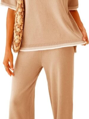 Set 2 Piece Outfits Short Sleeve Knitted Pullover Wide Leg Lounge Pants Tracksuit