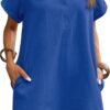 Womens Cotton Shirt Dress Summer Casual Short Sleeve Button Down Beach Cover Up Shirts with Pockets