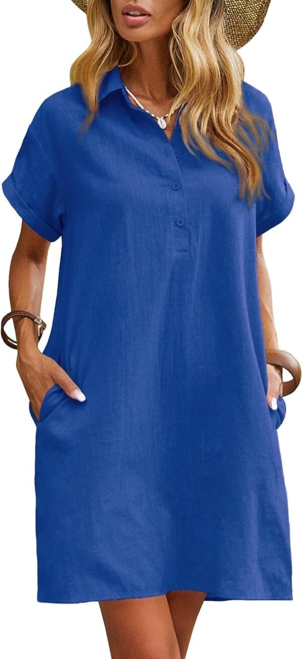 Womens Cotton Shirt Dress Summer Casual Short Sleeve Button Down Beach Cover Up Shirts with Pockets