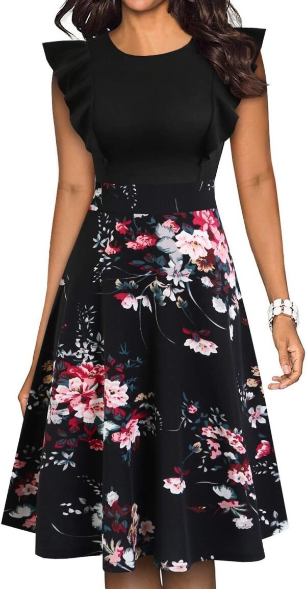 Women's Vintage Ruffle Floral Flared A Line Swing Casual Cocktail Party Dresses