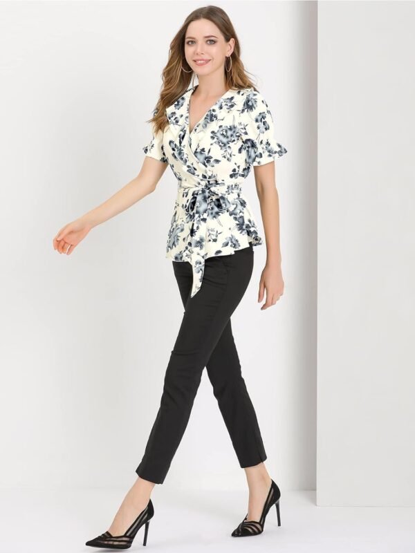 Women's Wrap Peplum Top Blouse Tie Waist Short Sleeve Ruffle Floral V Neck Belted Shirts