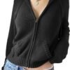 Women Zip Up Long Sleeve Crop Hooded Tops Ribbed Knit Cropped Hoodie Jacket Y2k Cute Sweater Pullover